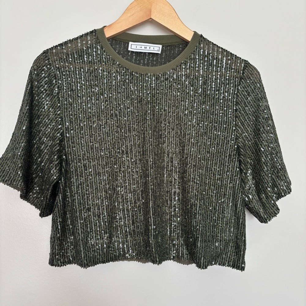 I+MFL Olive Green Sequin Short Sleeve Crop Top Crew Neck Sparkly Blouse Small